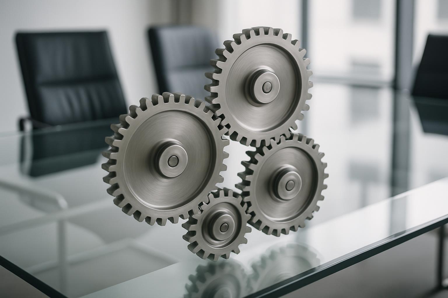 Metal gears firmly set in a transparent table, wherein a group of chairs is covered with black leather