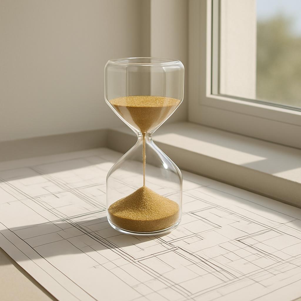 Sanduhr mit Goldsand auf einem Bauplan.