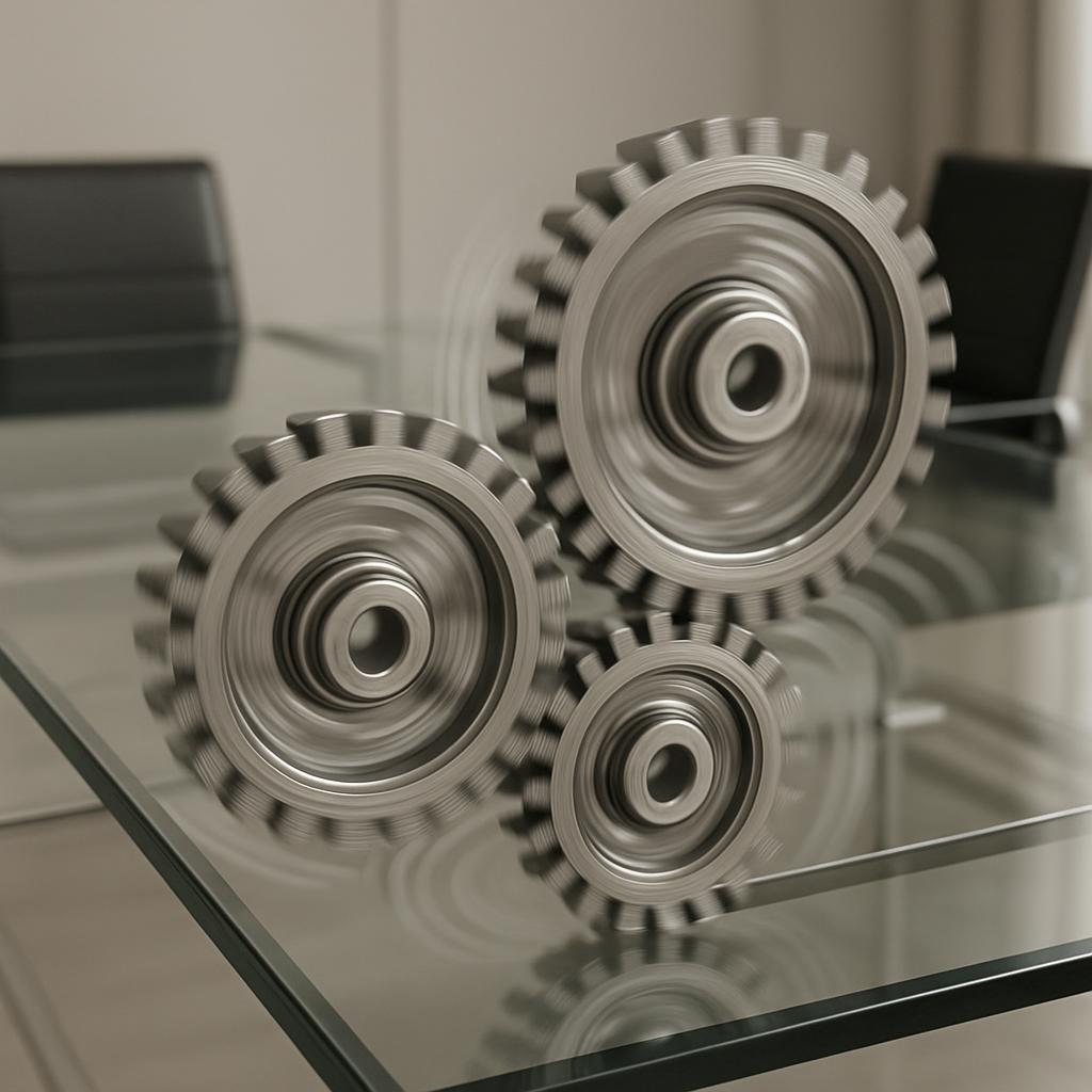 Industrial cogwheels of varying sizes on a glass table, focusing on the forefront pair. The center of the rightmost wheel ...
